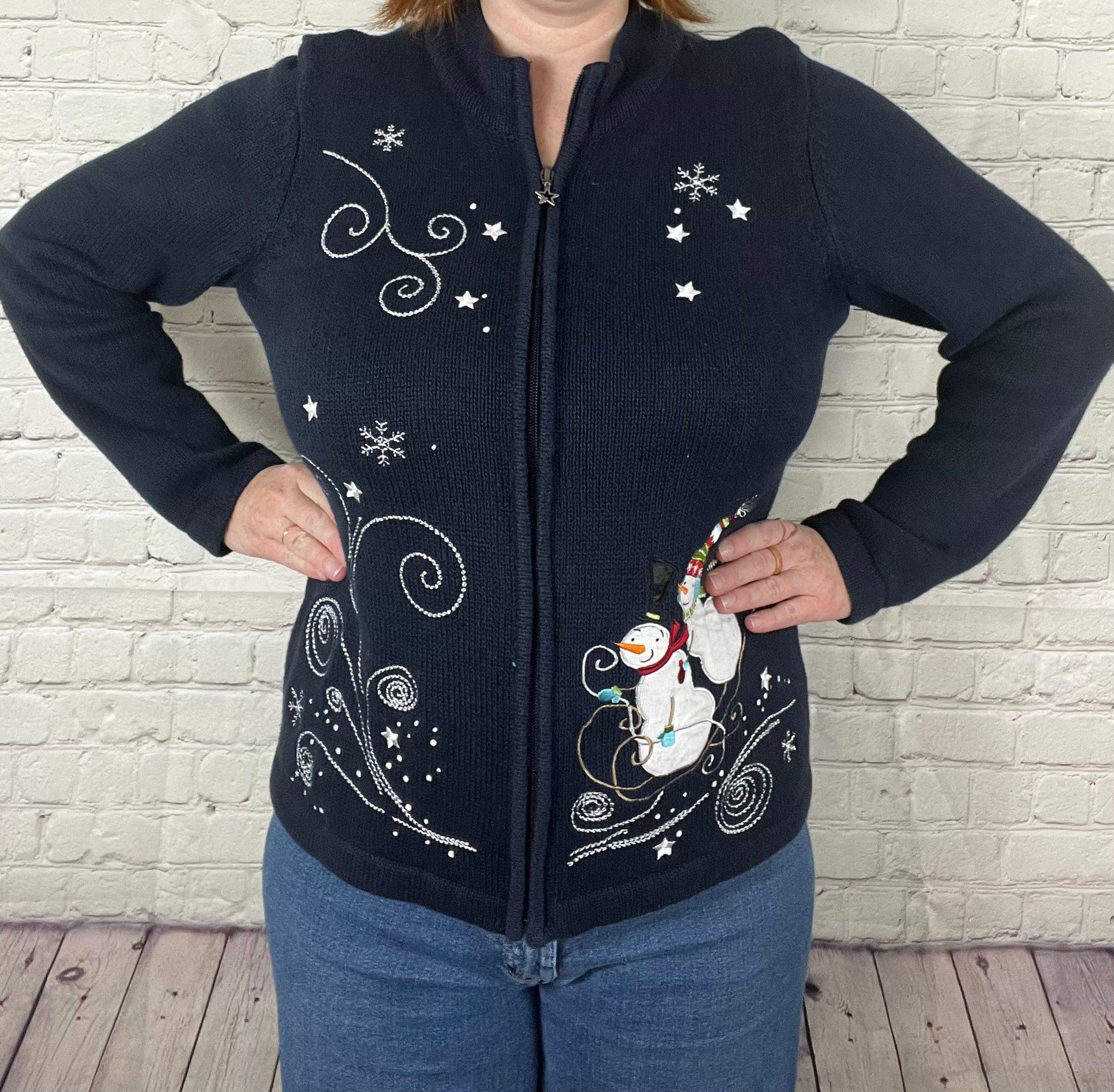 Vintage Snowman Zip-Up Sweater - M
