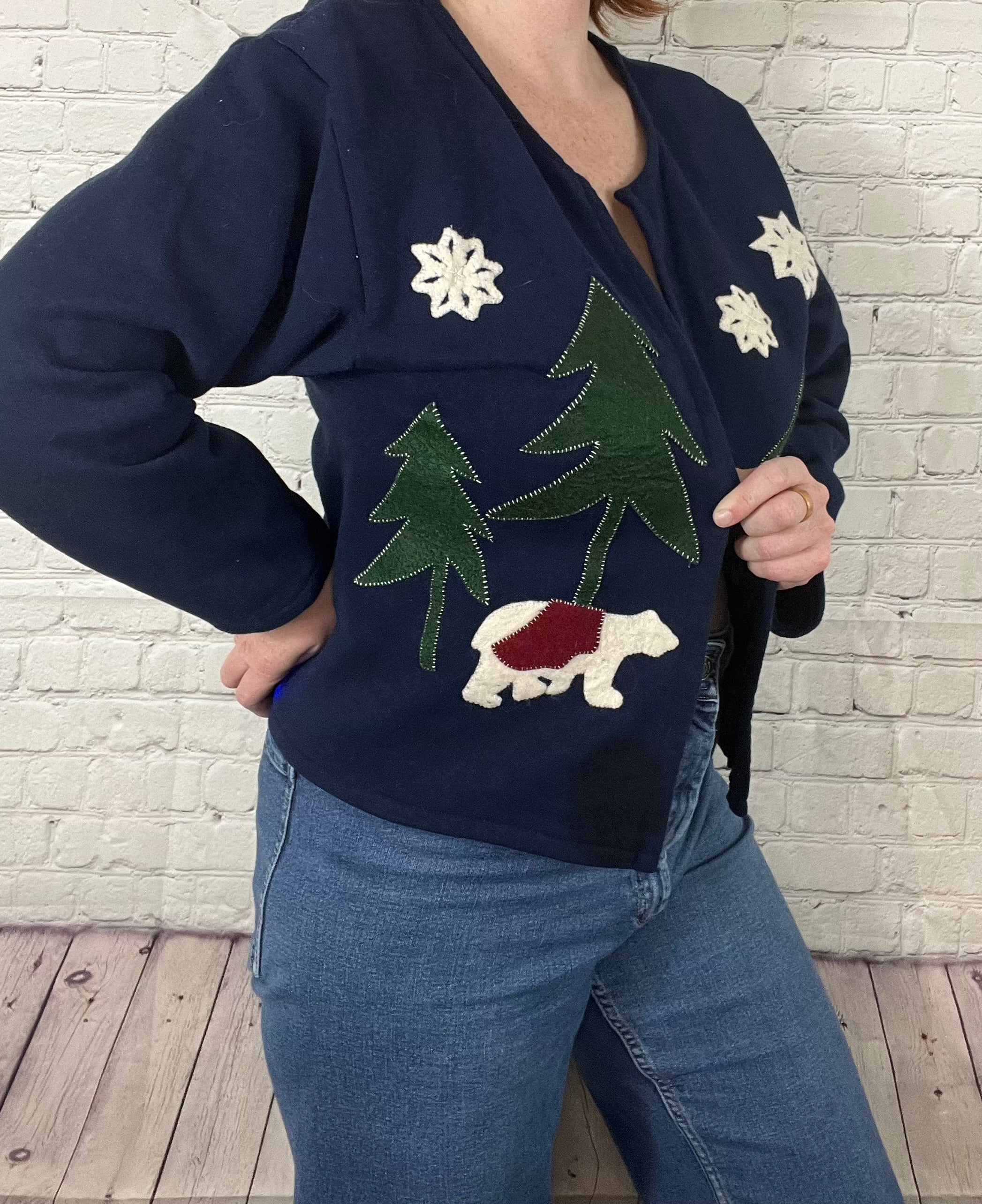 Navy Cotton Cardigan – Woodland Appliqué