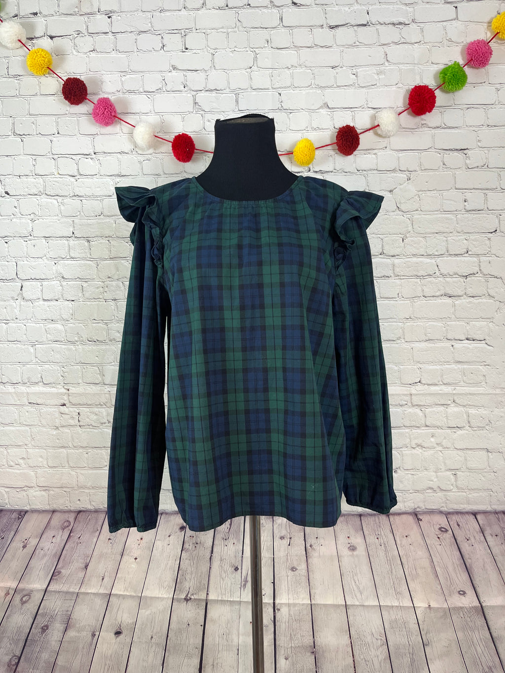 J.Crew Cotton Plaid Ruffle Blouse - L