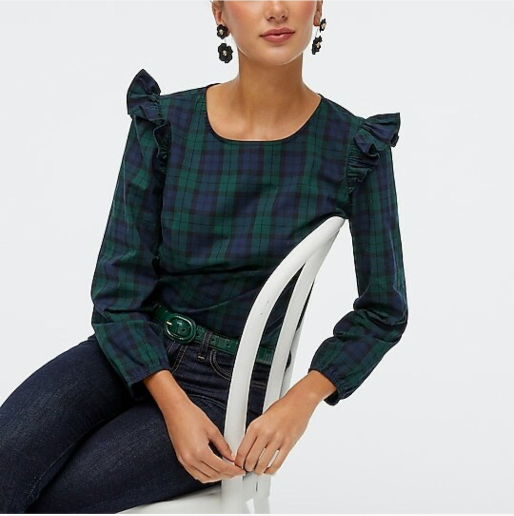 J.Crew Cotton Plaid Ruffle Blouse - L