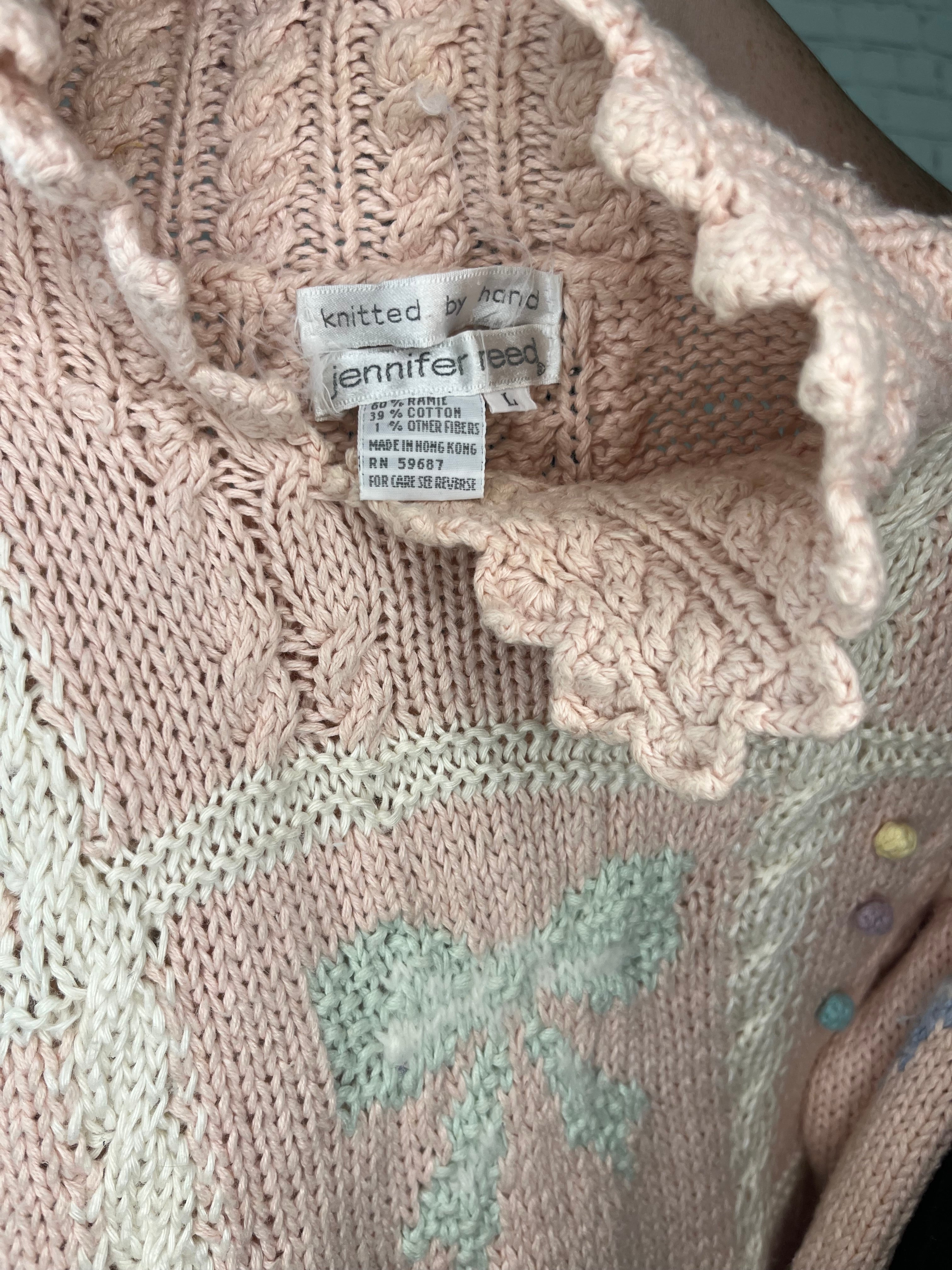 Vintage Pastel Bow & Heart Hand-Knit Sweater - L