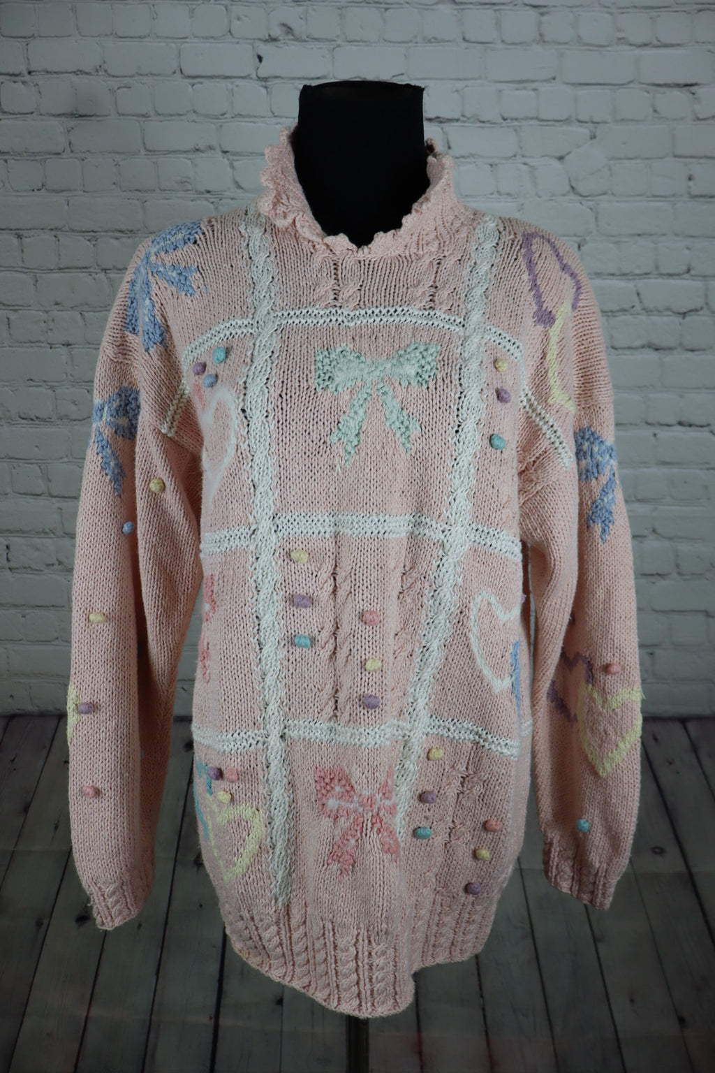 Vintage Pastel Bow & Heart Hand-Knit Sweater - L