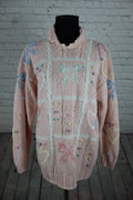 Vintage Pastel Bow & Heart Hand-Knit Sweater - L