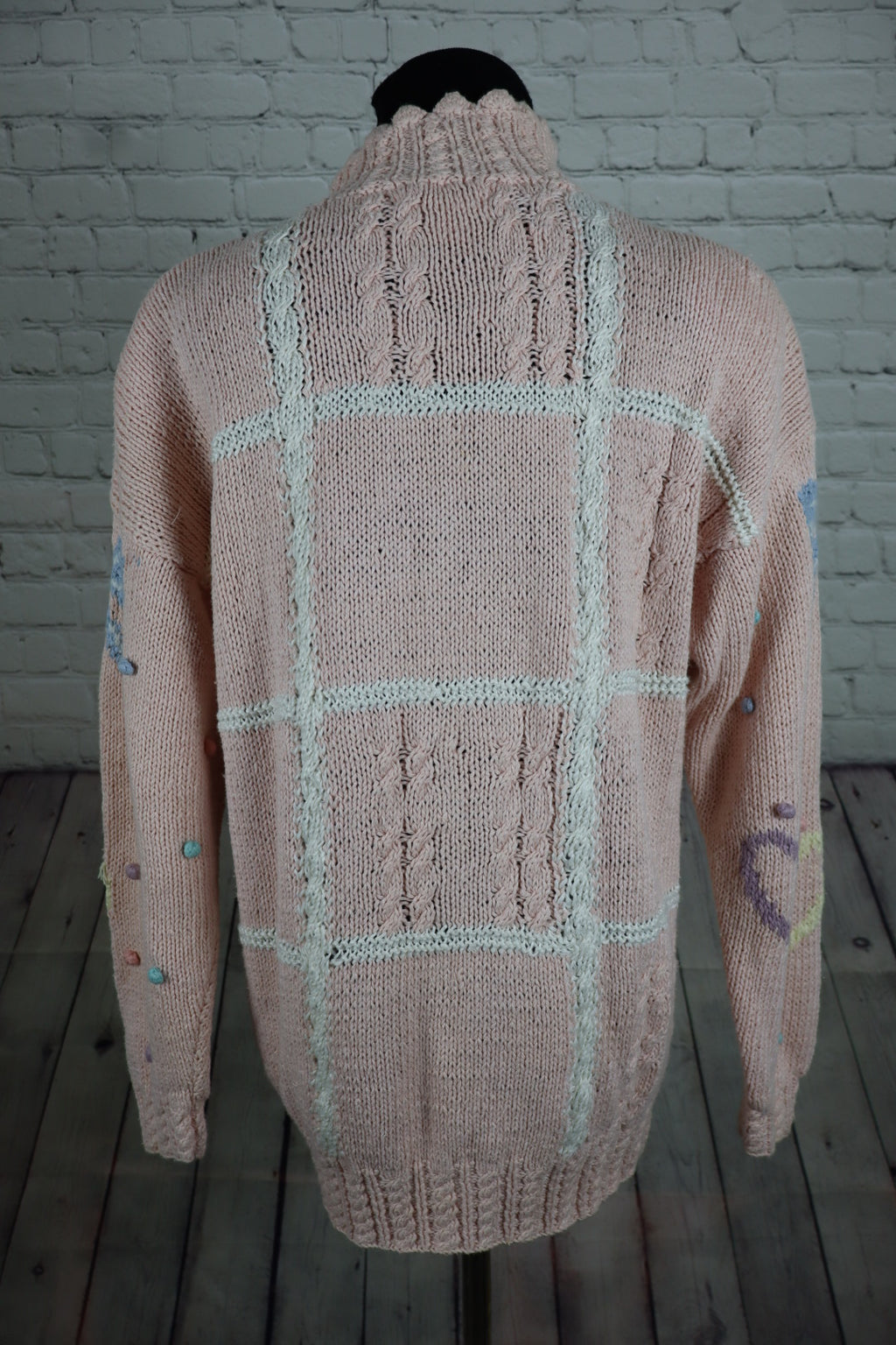 Vintage Pastel Bow & Heart Hand-Knit Sweater - L